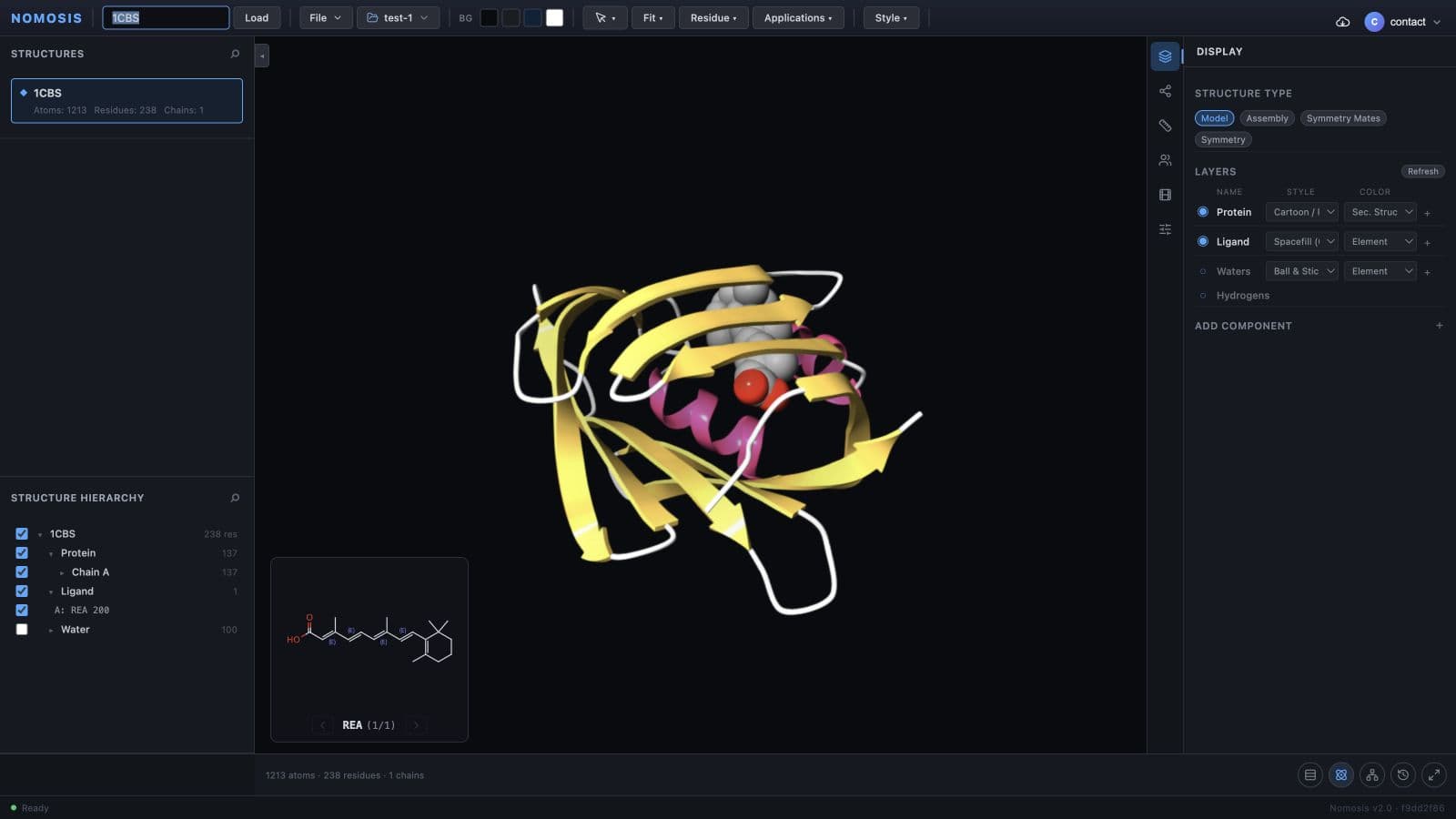 Structure Hierarchy and Display panels for the 1CBS structure in the Nomosis Viewer.