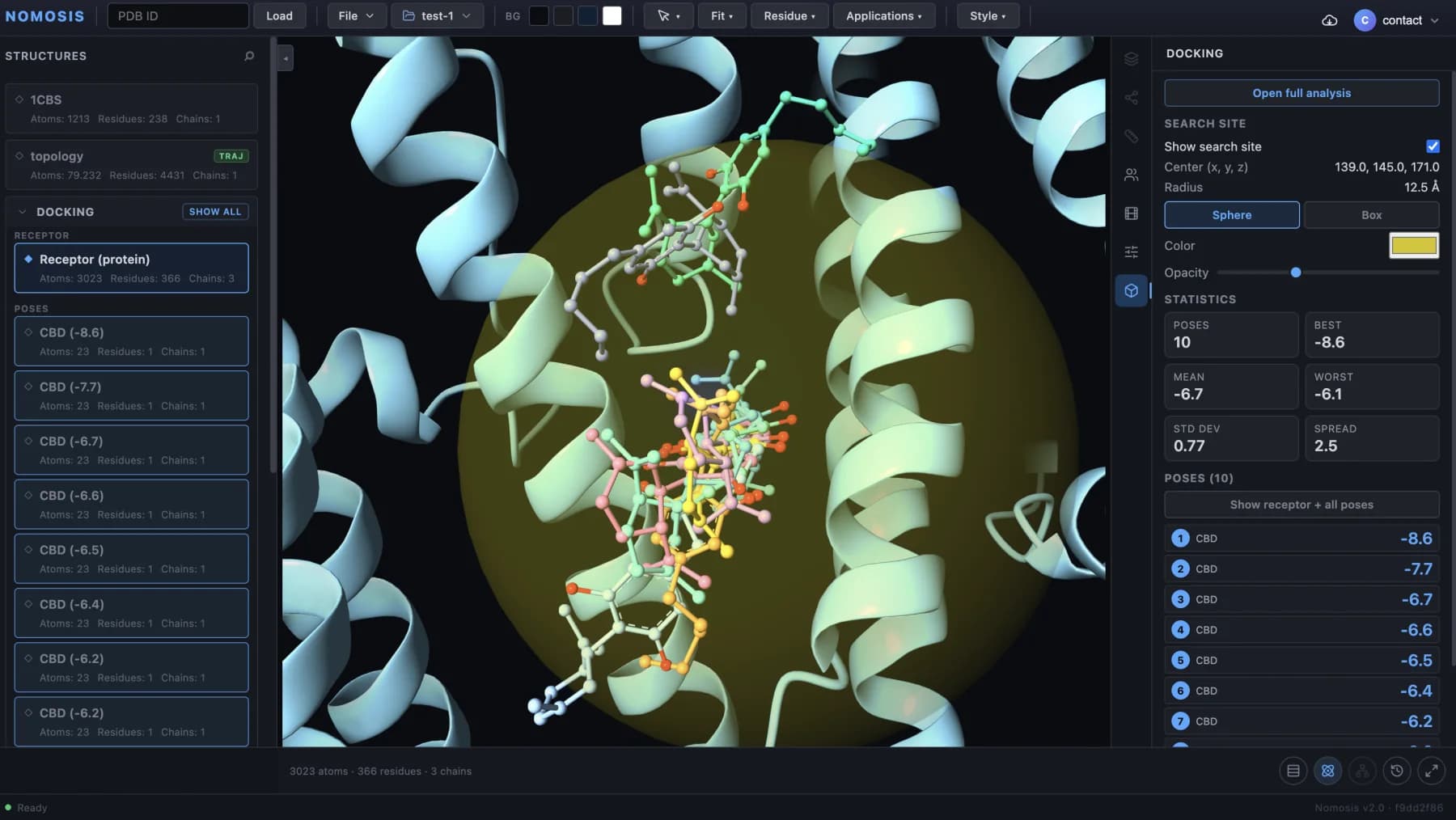 Nomosis Viewer showing a docking receptor, ranked poses, the search site, and docking statistics.