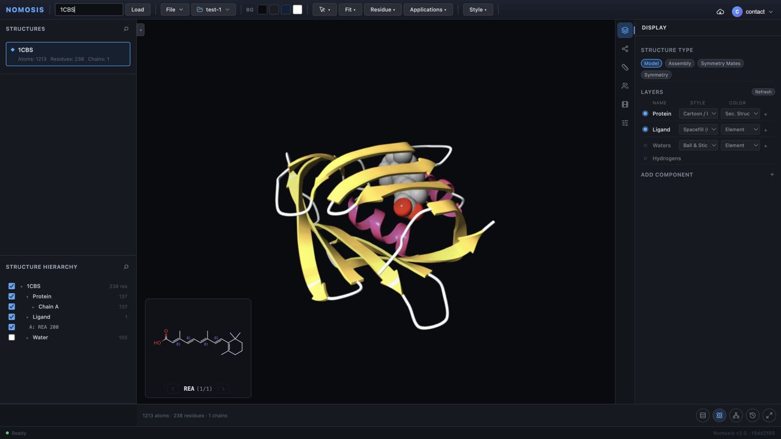 1CBS entered in the PDB ID field with the structure loaded in the Nomosis Viewer.