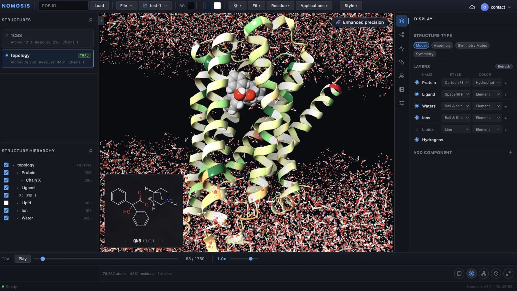 Nomosis Viewer with an active molecular-dynamics trajectory, frame and speed controls, and the Enhanced precision indicator.