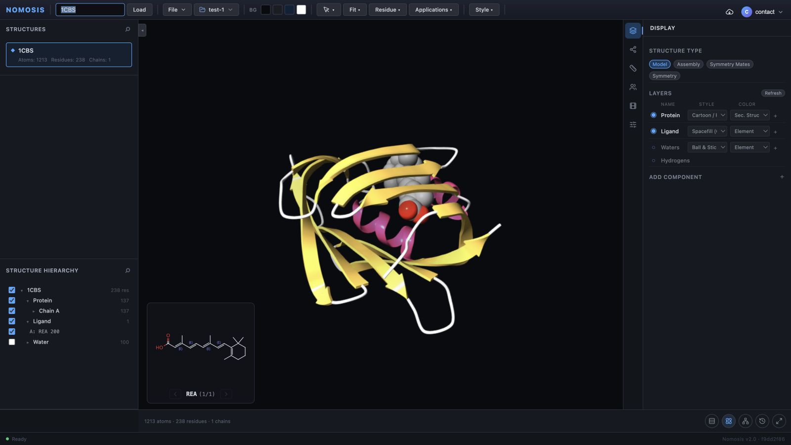 Nomosis Viewer on a desktop screen with 1CBS active, its Protein, Chain A, Ligand REA 200, and Water visible in Structure Hierarchy, and matching component layers visible in Display.