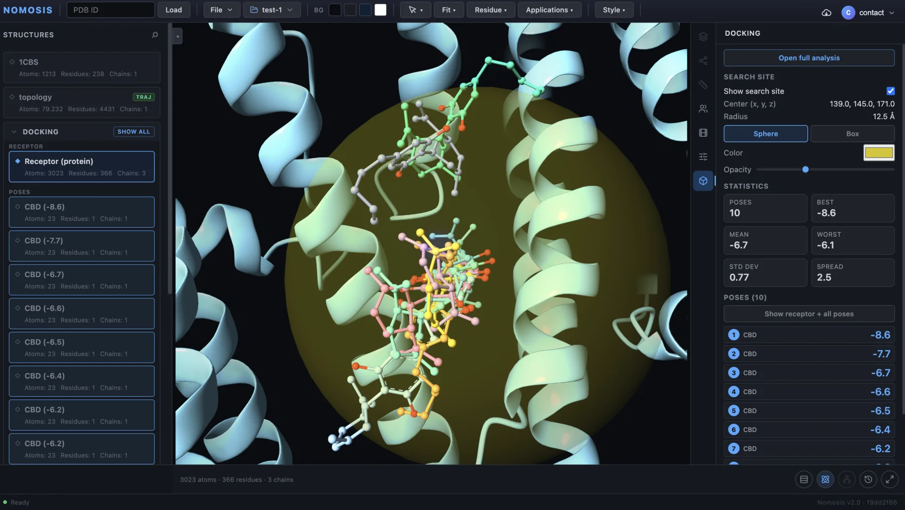 Nomosis Viewer showing the docking receptor and ranked poses under Structures, the search site in the viewport, and docking statistics on the right.