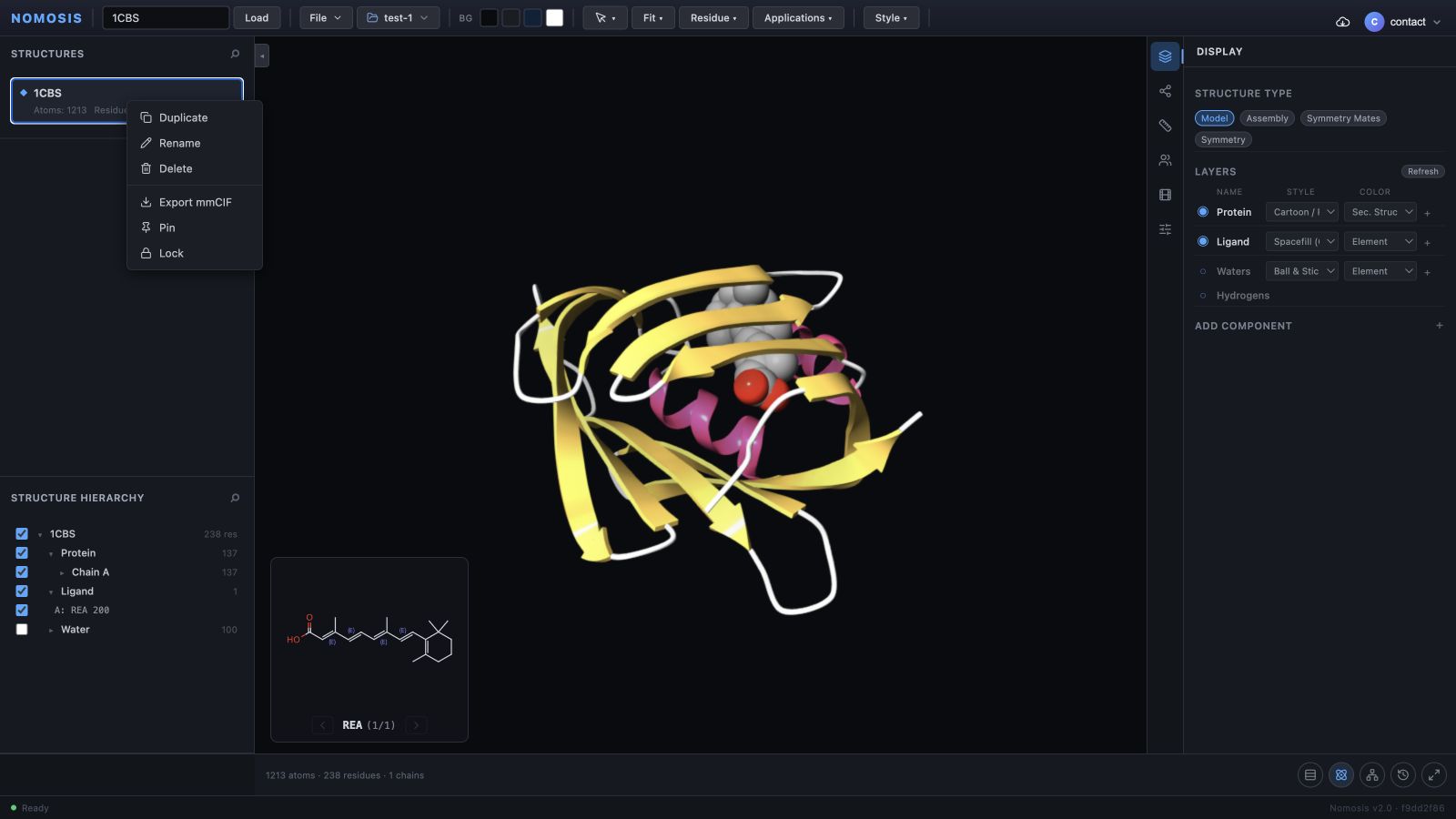 Nomosis Viewer with the context menu for the 1CBS structure open, showing Duplicate, Rename, Delete, Export mmCIF, Pin, and Lock.
